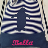 Turnbeutel für Kinder, Pinguin, Rucksack personalisierbar mit Namen, gefüttert, blau pink